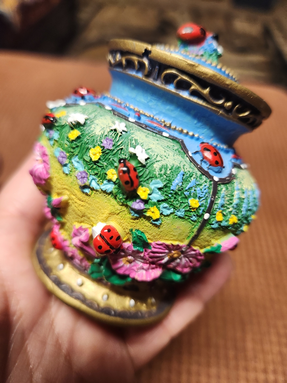 Decorative Ladybug Garden Vase Figurine - Blue & Green